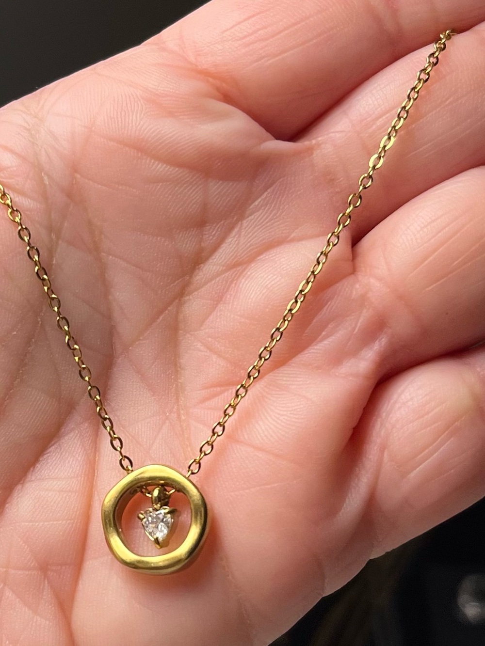 Gold Tone Heart Rhinestone Pendant Necklace